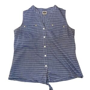 Anne Klein top blue & white striped 100% cotton sleeveless button up knot tie Sm